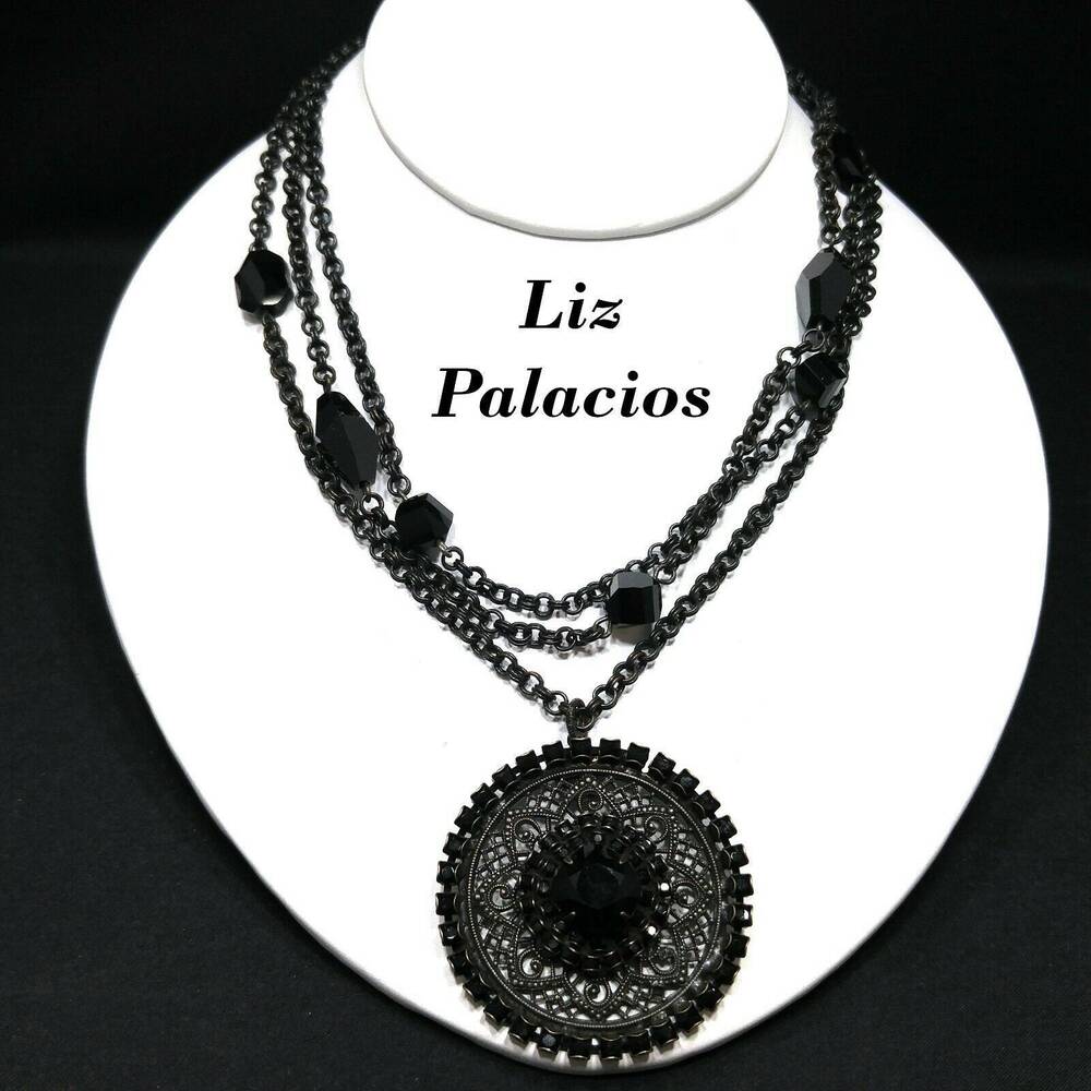 Liz Palacios Black Rhinestone Pendant Necklace, Multi-Strand, Vintage Jewelry